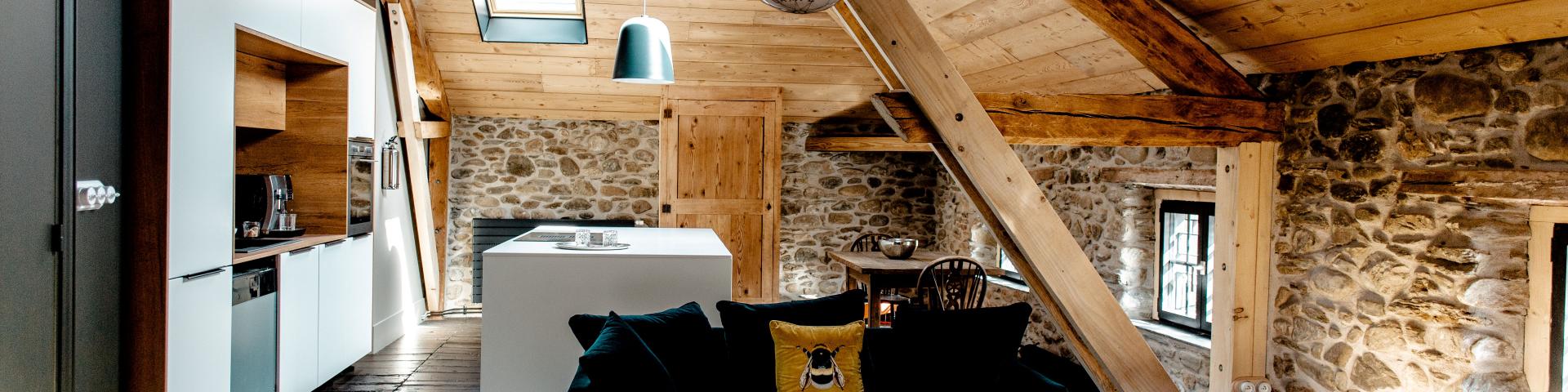 Modern rustic interior with kitchen and living room