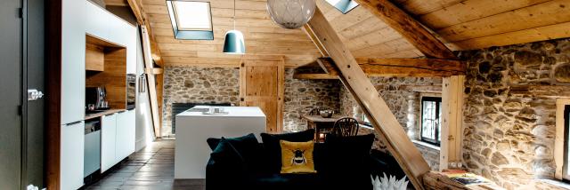 Modern rustic interior with kitchen and living room