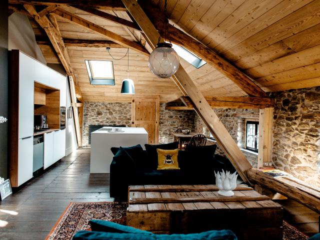 Modern rustic interior with kitchen and living room