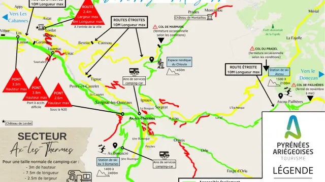 Mapa de los Pirineos Ariège mostrando las rutas accesibles para autocaravanas