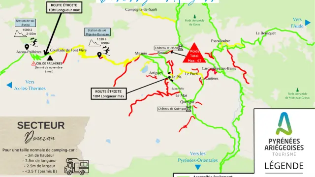 Mapa de los Pirineos Ariège mostrando las rutas accesibles en autocaravana