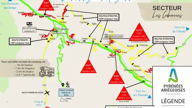 Mapa de los Pirineos de Ariège mostrando las rutas accesibles para autocaravanas