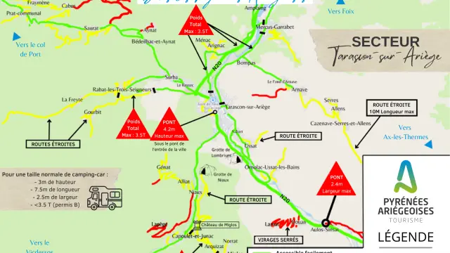 Mapa de los Pirineos de Ariège mostrando las carreteras accesibles para autocaravanas
