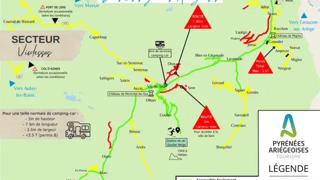 Mapa de los Pirineos de Ariège mostrando las rutas accesibles en autocaravana