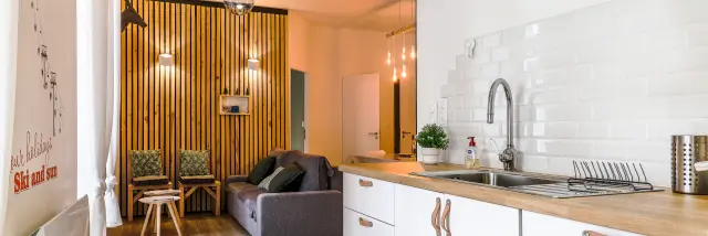 Modern interior with open kitchen and living room