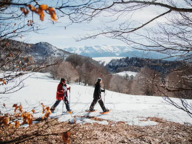 Two people snowshoeing in a snowy landscape