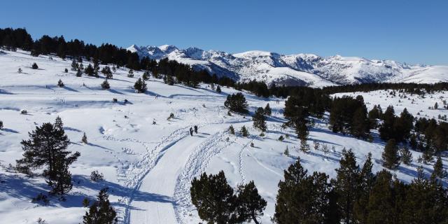 Piste de ski sinueuse dans un paysage montagneux enneigé