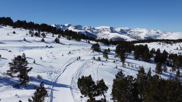 Winding ski trail in a snowy mountainous landscape