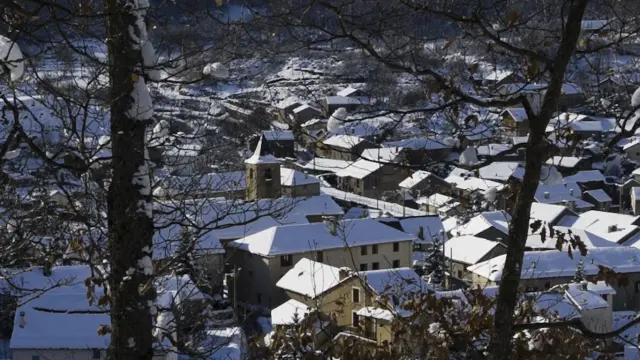 Snow-covered village with snow-covered roofs and bare trees